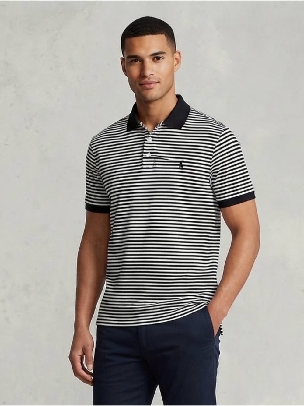 Polo by Ralph Lauren Black & White Striped Pima Cotton Golf Polo Shirt Large